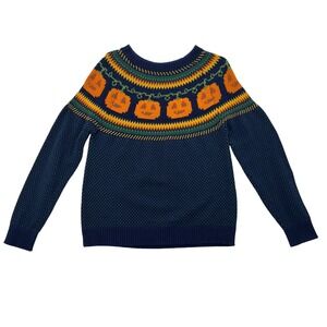 ModCloth Womens XL Halloween Pumpkin Fair Isle Sweater Navy Blue Cotton Knit